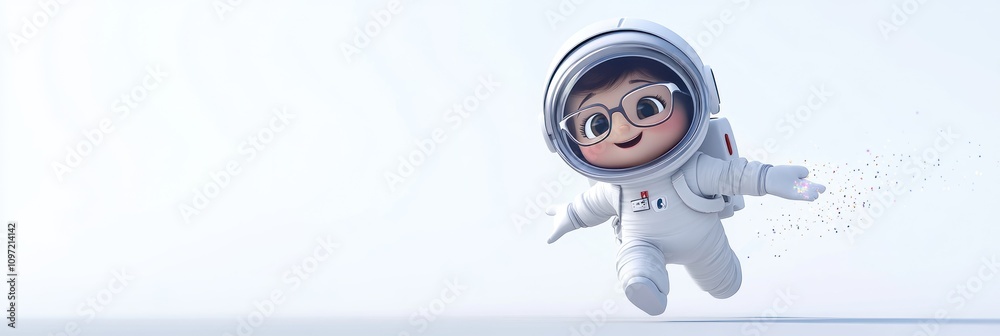 Poster a cheerful child in an astronaut suit joyfully floating in a minimalist space setting.