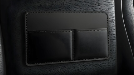 Black leather organizer attached to a car seatback with three pockets.