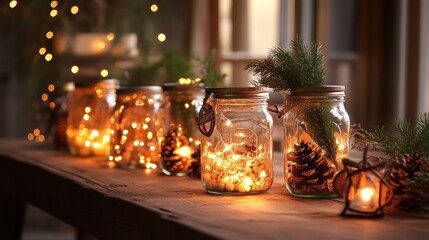 A collection mason jar vases with twinkling fairy lights and seasonal accents.