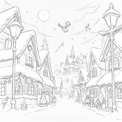 Naklejka premium sketch of winter landscape with houses and trees