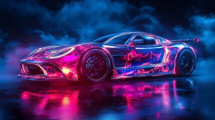 Stylish high-performance sports car with colorful neon paint effects in a smoky blue and pink atmosphere