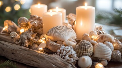 A holiday centerpiece featuring seashells and driftwood surrounded by candles.