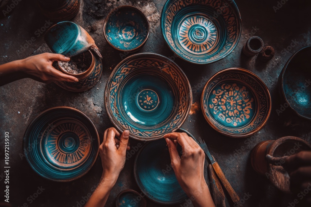 Poster hands crafting decorative pottery with intricate designs in a workshop setting.