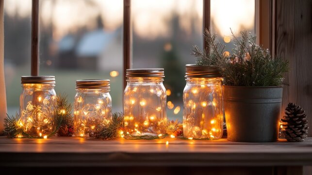 A collection mason jar vases with twinkling fairy lights and seasonal accents.