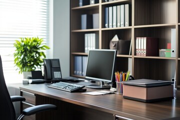 empty company meeting room with papers in business office, workstation filled with important