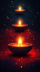 Golden Diwali Lamps on Red Background - Hand Drawn Vector Illustration