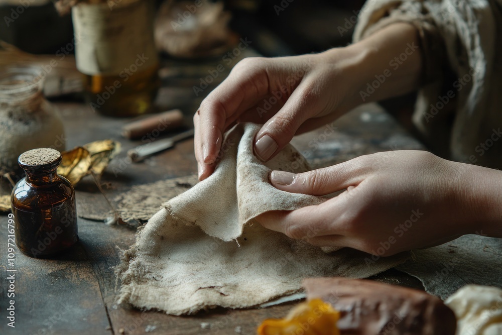 Fototapete a person's hands delicately handle a piece of fabric on a rustic table with various objects.