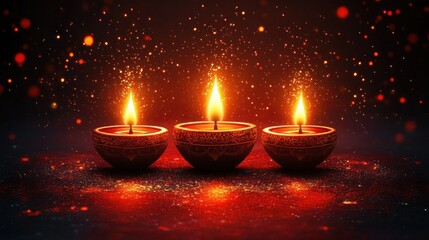 Diwali Lamps with Golden Lights on Red Background - Hand Drawn Vector Illustration