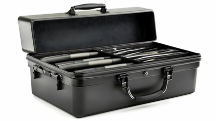 Black plastic carrying case with compartments open, showing organized tools or instruments inside.