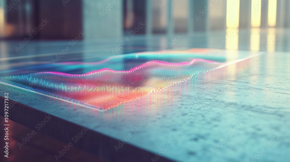 Leinwandbilder a futuristic visualization of sound waves on a reflective surface in a modern setting.