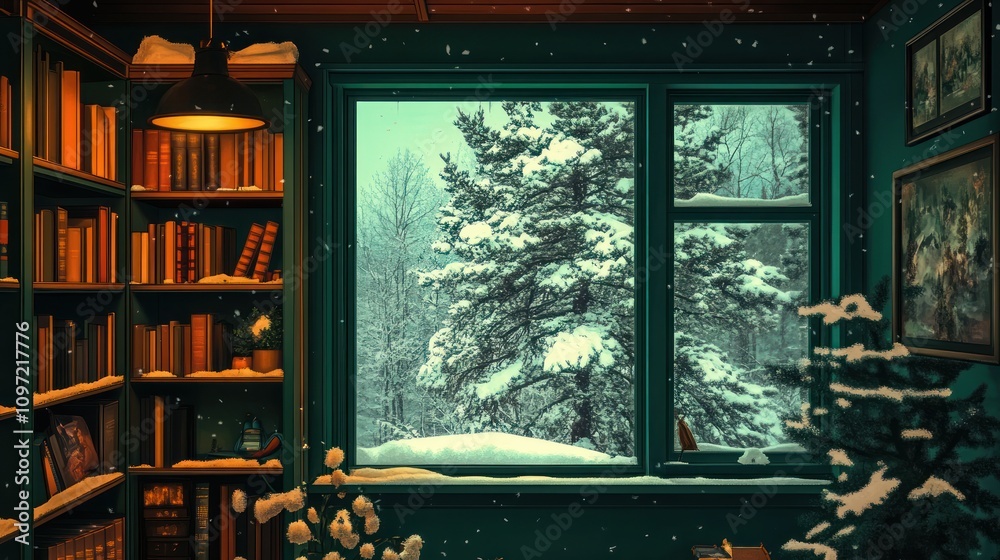 Aufkleber cozy winter scene with a view of snow-covered trees from a warm, inviting room.