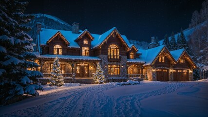 A dreamy snowy night in Aspen, Colorado with Christmas decorations and a dream house