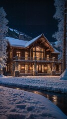 A dreamy snowy night in Aspen, Colorado with Christmas decorations and a dream house