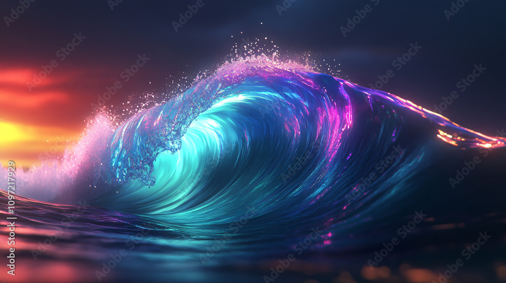Poster stunning neon wave crashes against a vibrant sunset, forming a captivating display of color and ligh
