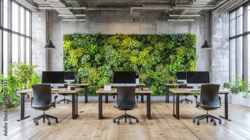 Poster Modern office space with greenery and computers for a productive work environment.