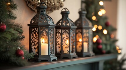A series beautifully designed metal lanterns with flickering candlelight inside, placed on a festive mantel
