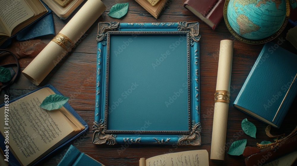 Aufkleber a decorative frame surrounded by books and scrolls on a wooden table.