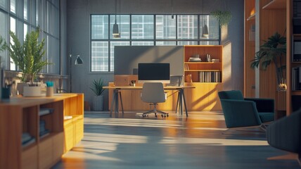 empty start-up company office with nobody in it waiting for people to start working at financial