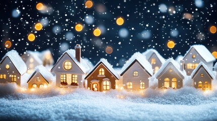 A small Christmas village model with houses covered in snow, warm glowing windows, holiday lights