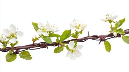 Obraz premium Delicate white blossoms contrast against rustic barbed wire, symbolizing resilience and beauty in nature.