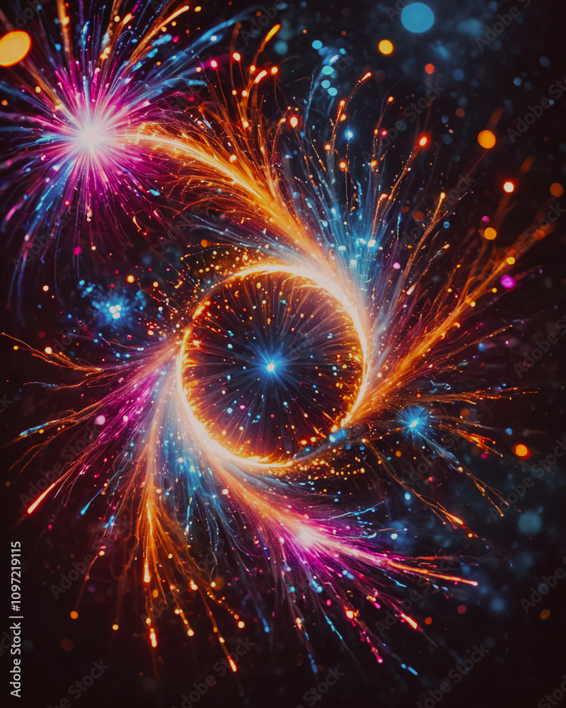 Poster A colorful explosion of fireworks in the sky. The fireworks are in different colors and are scattered all over the sky. The image has a vibrant and energetic mood, as if it's capturing the excitement