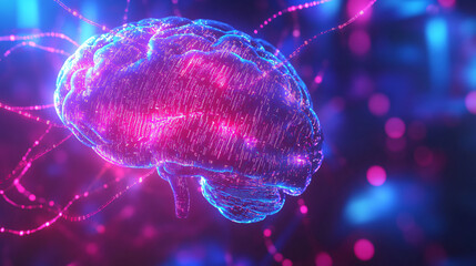 Digital brain in futuristic network connections: artificial intelligence concept in luminous and colorful cyberspace