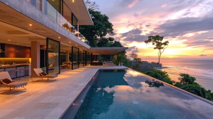 Fototapeta premium Luxury villa with infinity pool overlooking ocean sunset.