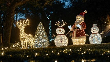 A holiday-themed lawn display featuring Santa, reindeer, and snowmen surrounded by Christmas lights
