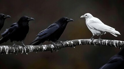 A striking contrast of a solitary white raven among a group of black ravens on a branch.
