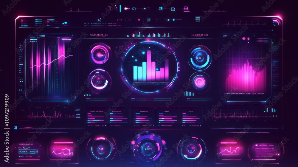 Poster Futuristic Tech Interface Displays Data Analytics Graphs