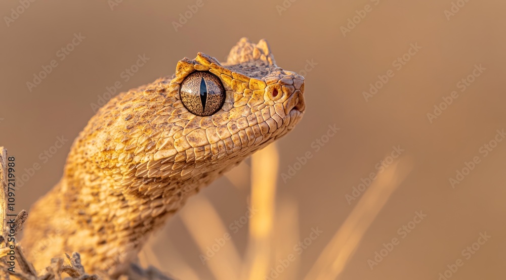 Poster a close-up of a textured reptile with striking eyes against a warm, blurred background.