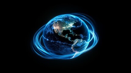 Digital Earth Globe Rotation with Glowing Orbits and Vivid Light Trails. North and South America on globe, dynamic light and radiant orbits surround planet Earth, global connectivity, technology