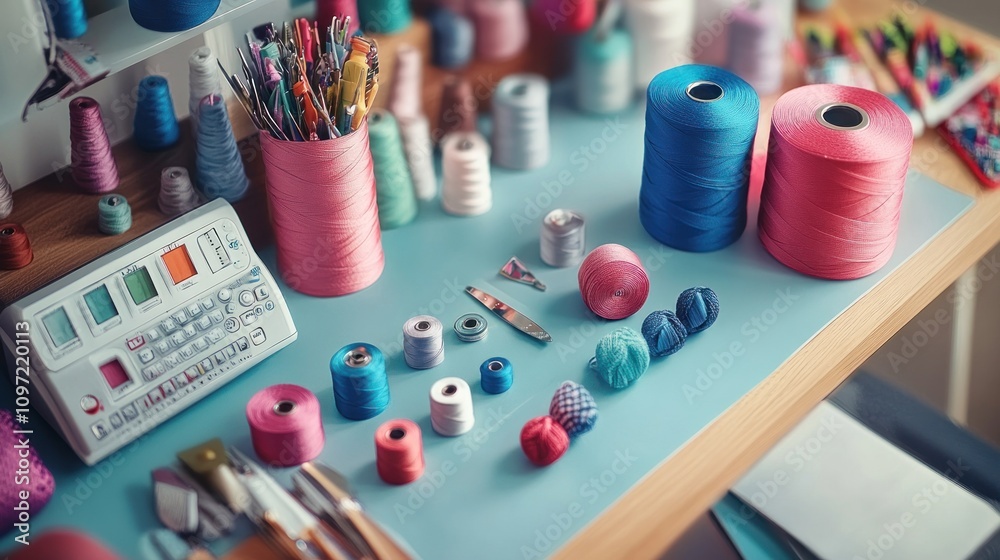 Poster Colorful threads and sewing tools arranged on a workspace