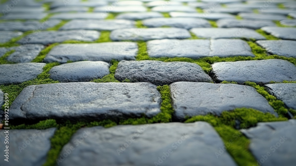 Poster a close-up view of cobblestones with green moss growing between them.