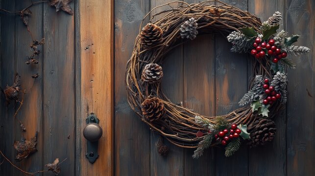 A rustic wreath grapevine with sprigs holly and pinecones, hung on a front door