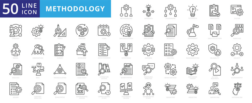Methodology icon set with approach, framework, procedure, strategy, model, analysis, design, tools, process, plan, implementation, evaluation, research, experiment, data collection, study and survey