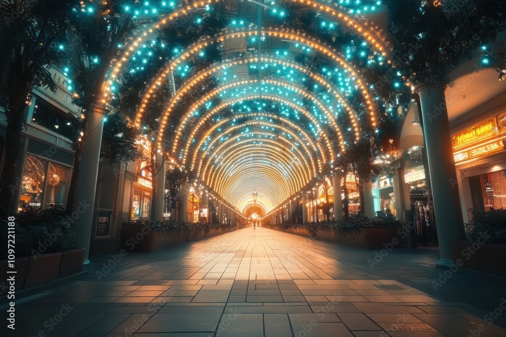Poster a beautifully lit walkway adorned with bright lights, creating an inviting atmosphere.