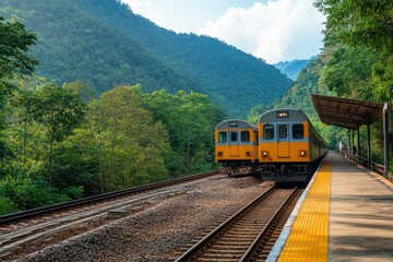 Obraz premium Scenic railway station with trains beside mountains in daylight