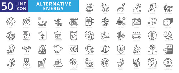Alternative energy icon set with solar, wind, geothermal, hydropower, biomass, tidal power, wave, renewable, sustainable, efficiency, photovoltaic, turbine, generator, inverter, storage, and battery