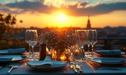  Elegant Dinner Table Setting with a Cityscape Sunset View 