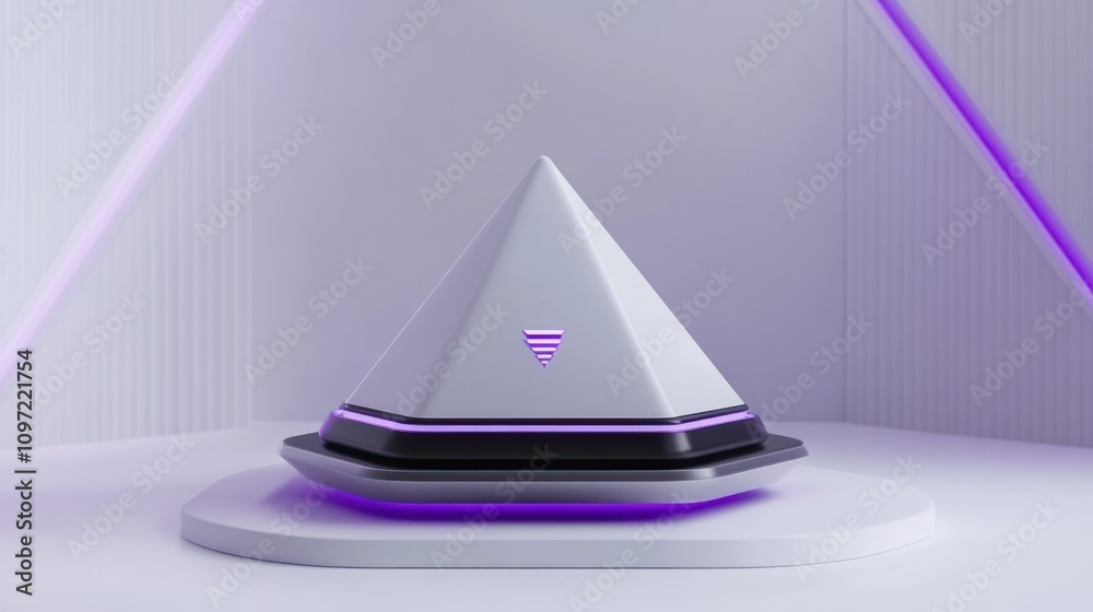 Aufkleber a sleek, futuristic pyramid-shaped object on a circular base with ambient lighting.