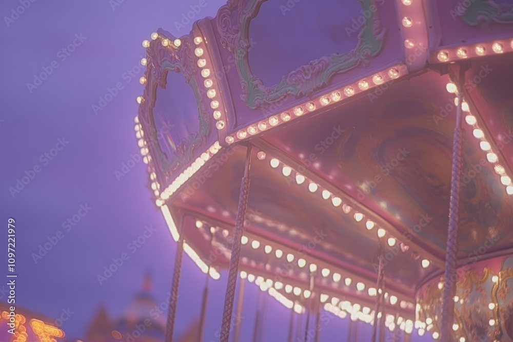 Aufkleber a close-up view of a carousel with colorful lights at dusk, evoking a sense of nostalgia.