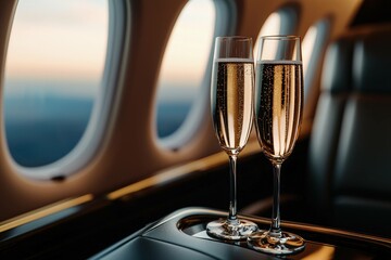 Elegant celebration with two flutes of champagne on a luxury private jet, capturing a moment of sophistication and indulgence during sunset.