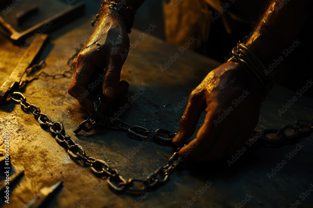 Poster hands manipulating heavy chains on a workbench, illuminated by dramatic lighting.
