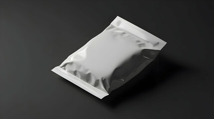 Blank white plastic food pouch on dark background.