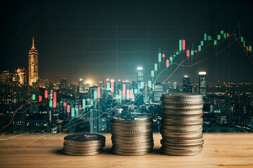Stacks of coins with a fluctuating graph overlay, set against a cityscape background, suggesting financial growth and market trends.