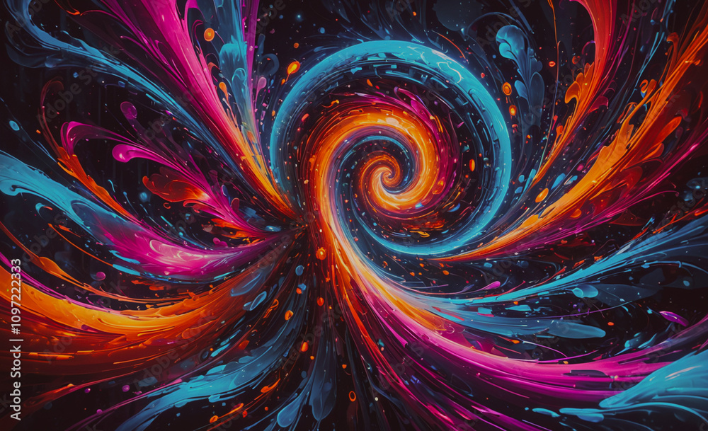 Poster a colorful spiral with a blue center and orange and red swirls. the spiral is surrounded by a dark b