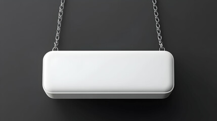 Blank white rectangular sign hanging from silver chains against a dark background.