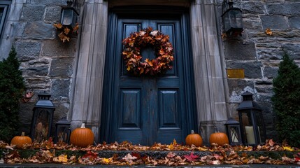 Obraz premium A front door adorned with a fall wreath, pumpkin-shaped lanterns, and autumn leaves scattered below