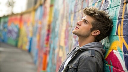 Fototapeta premium A young man with a trendy hairstyle leans casually against a wall covered in vibrant painted textures. The high key lighting gives the image a fresh and lively vibe isolating him